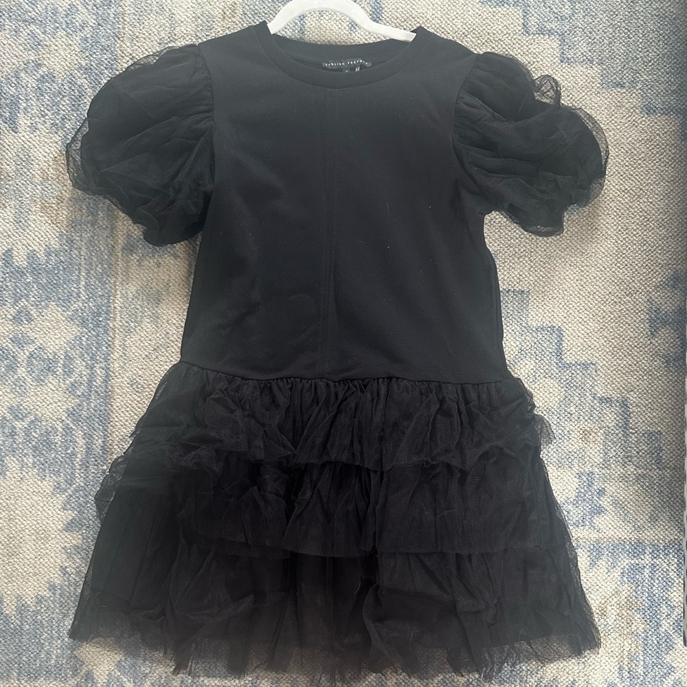English Factory Black Puff Sleeve Tulle Dress | Tiered Ruffle | Size S